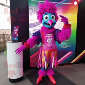 Magenta Stilt Walker mascot costume character dressed with a Vest and Bracelets