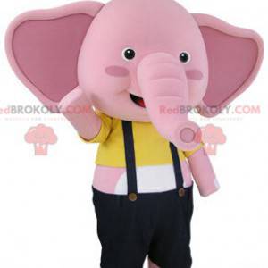 Mascote elefante rosa e branco com macacão - Redbrokoly.com