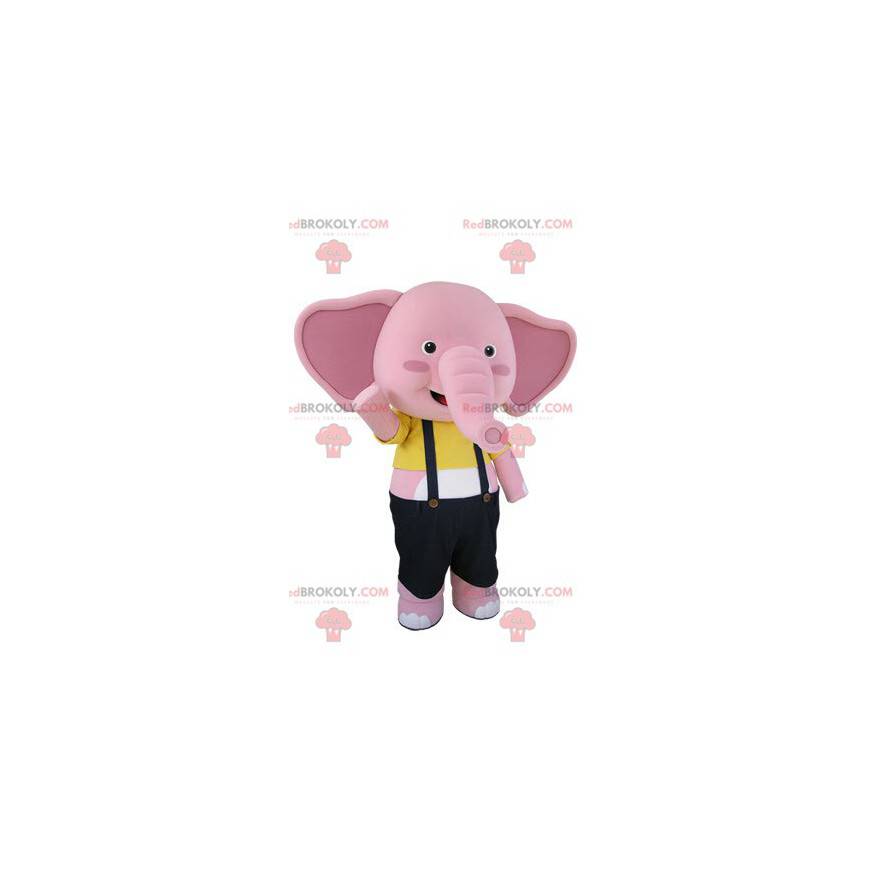 Mascote elefante rosa e branco com macacão - Redbrokoly.com