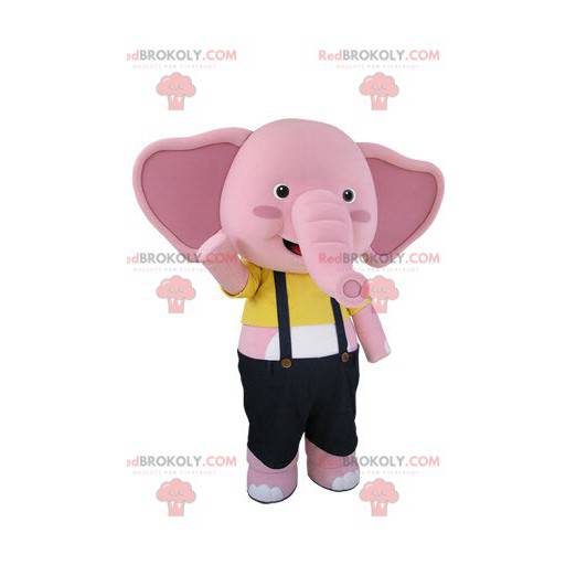 Mascote elefante rosa e branco com macacão - Redbrokoly.com