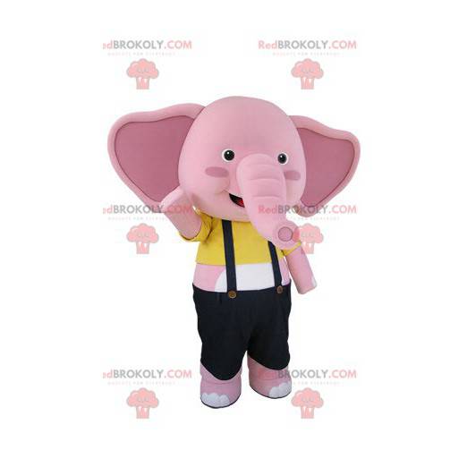 Rosa och vit elefantmaskot med overaller - Redbrokoly.com
