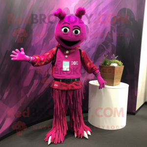 Magenta Stilt Walker mascot costume character dressed with a Vest and Bracelets