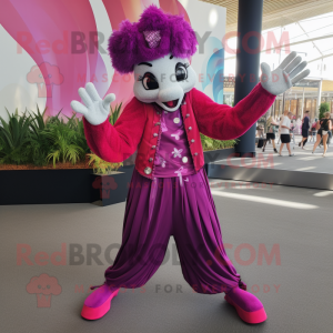 Magenta Stilt Walker mascot costume character dressed with a Vest and Bracelets