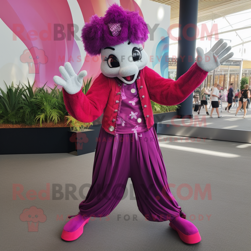 Magenta Stilt Walker mascot costume character dressed with a Vest and Bracelets Magenta Stilt Walker mascot costume character dressed with a Vest and Bracelets