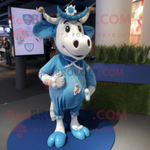 Blue Cow mascot costume character dressed with a Playsuit and Lapel pins