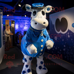 Blue Cow mascot costume character dressed with a Playsuit and Lapel pins