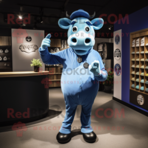 Blue Cow mascot costume character dressed with a Playsuit and Lapel pins