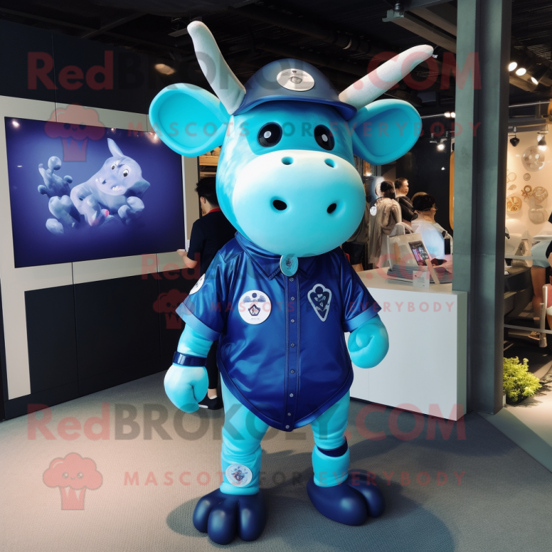 Blue Cow mascot costume character dressed with a Playsuit and Lapel pins Blue Cow mascot costume character dressed with a Playsuit and Lapel pins