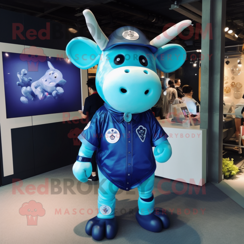 Blue Cow mascot costume character dressed with a Playsuit and Lapel pins