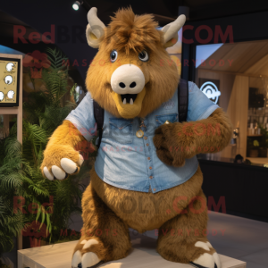 Gold Woolly Rhinoceros mascot costume character dressed with a Chambray Shirt and Digital watches
