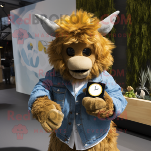 Gold Woolly Rhinoceros mascot costume character dressed with a Chambray Shirt and Digital watches