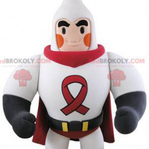 Mascote do super-herói musculoso vestido de branco e vermelho -