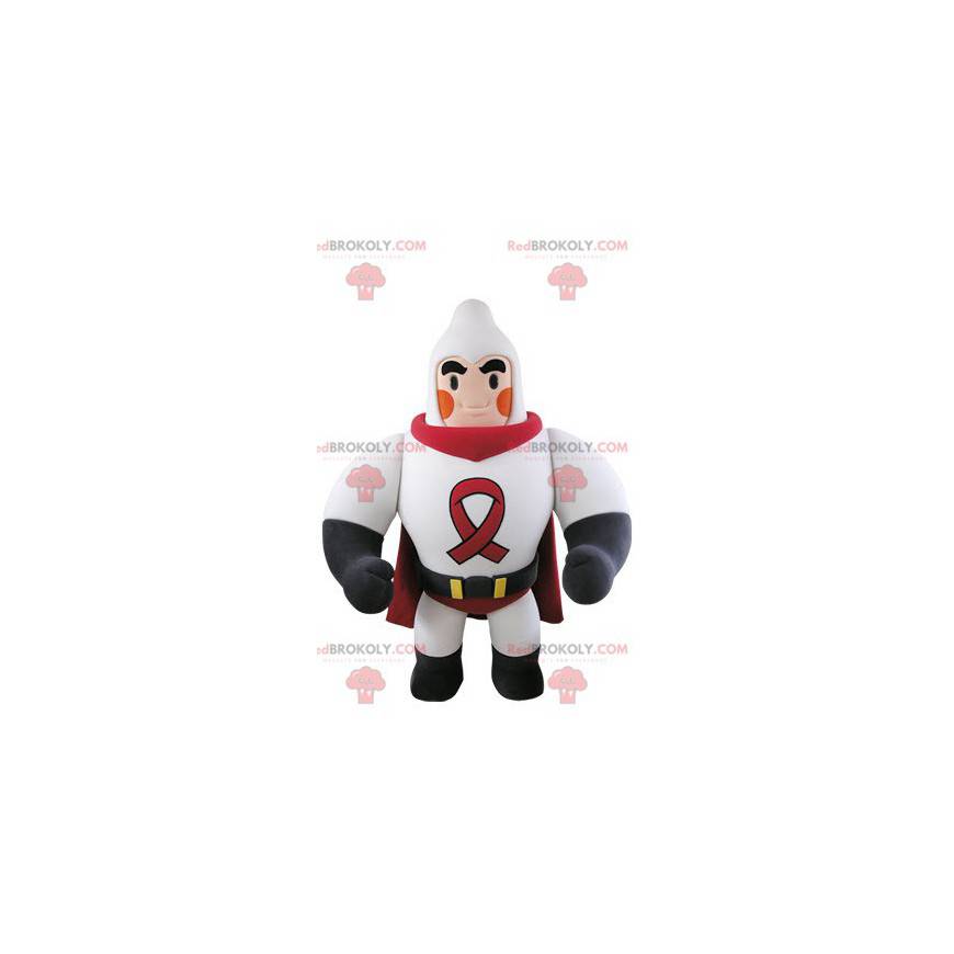 Mascote do super-herói musculoso vestido de branco e vermelho -