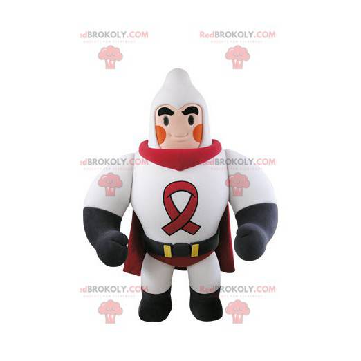 Mascote do super-herói musculoso vestido de branco e vermelho -