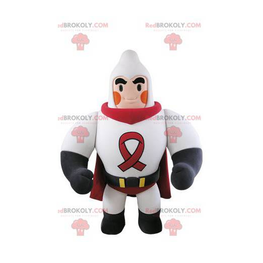 Mascotte supereroe muscolare vestita di bianco e rosso -