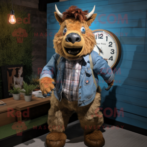 Gold Woolly Rhinoceros mascot costume character dressed with a Chambray Shirt and Digital watches