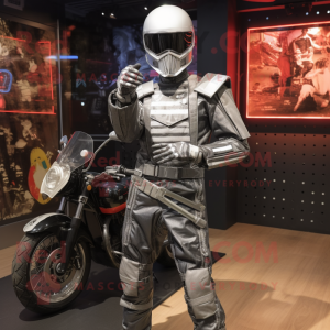 Silver Army Soldier mascot costume character dressed with a Biker Jacket and Cummerbunds