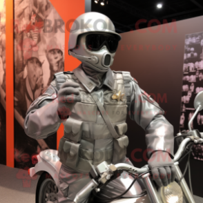 Silver Army Soldier mascot costume character dressed with a Biker Jacket and Cummerbunds