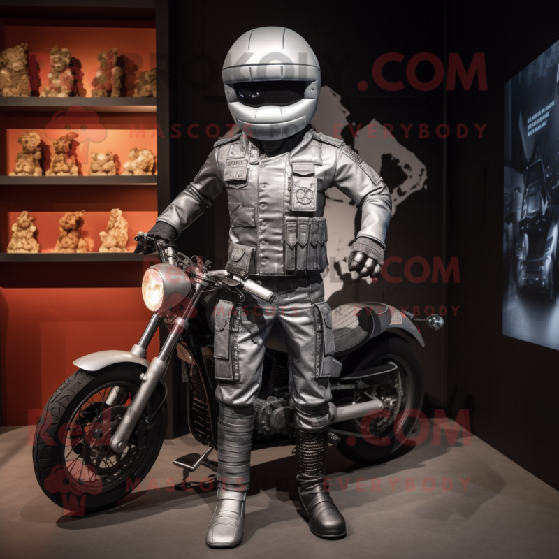 Silver Army Soldier mascot costume character dressed with a Biker Jacket and Cummerbunds Silver Army Soldier mascot costume character dressed with a Biker Jacket and Cummerbunds