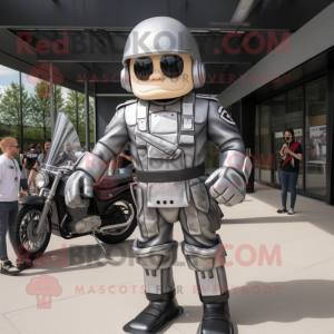 Silver Army Soldier mascot costume character dressed with a Biker Jacket and Cummerbunds