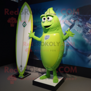 Lime Green Surfboard mascot costume character dressed with a Baseball Tee and Necklaces