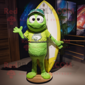Lime Green Surfboard mascot costume character dressed with a Baseball Tee and Necklaces