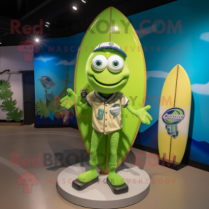 Lime Green Surfboard mascot costume character dressed with a Baseball Tee and Necklaces