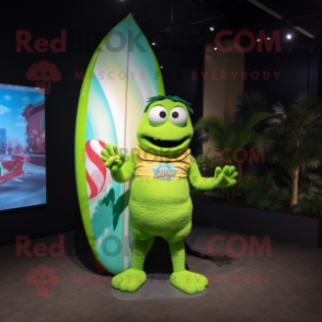 Lime Green Surfboard mascot costume character dressed with a Baseball Tee and Necklaces