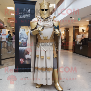 Beige Medieval Knight mascot costume character dressed with a Empire Waist Dress and Belts