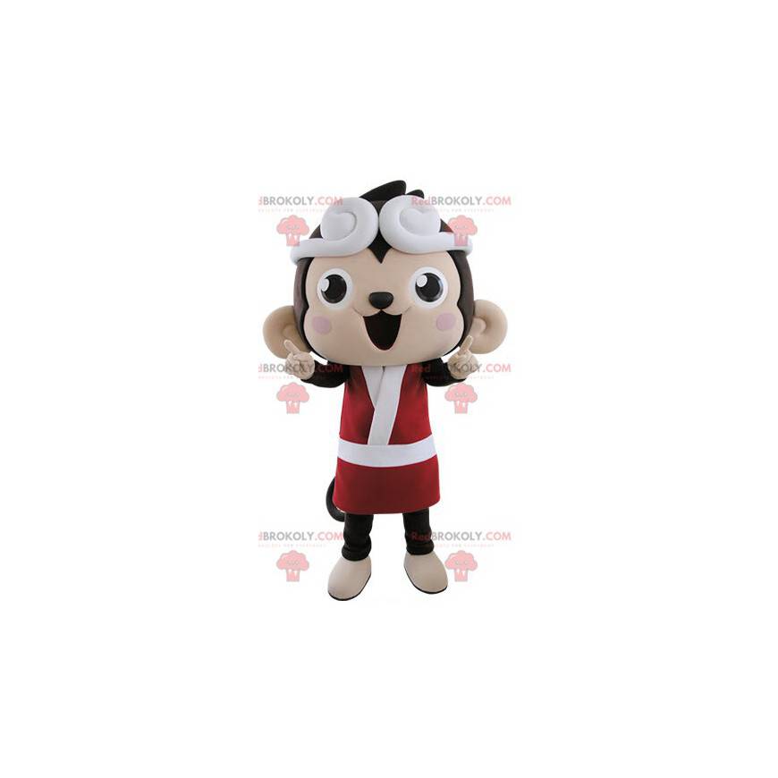 Mascote macaco marrom e rosa vestido com quimono -