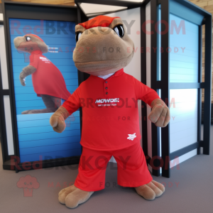 Red Komodo Dragon mascot costume character dressed with a Board Shorts and Bow ties
