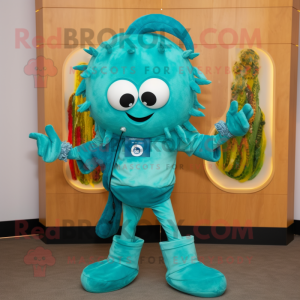 Turquoise Fried Calamari mascot costume character dressed with a Leggings and Earrings