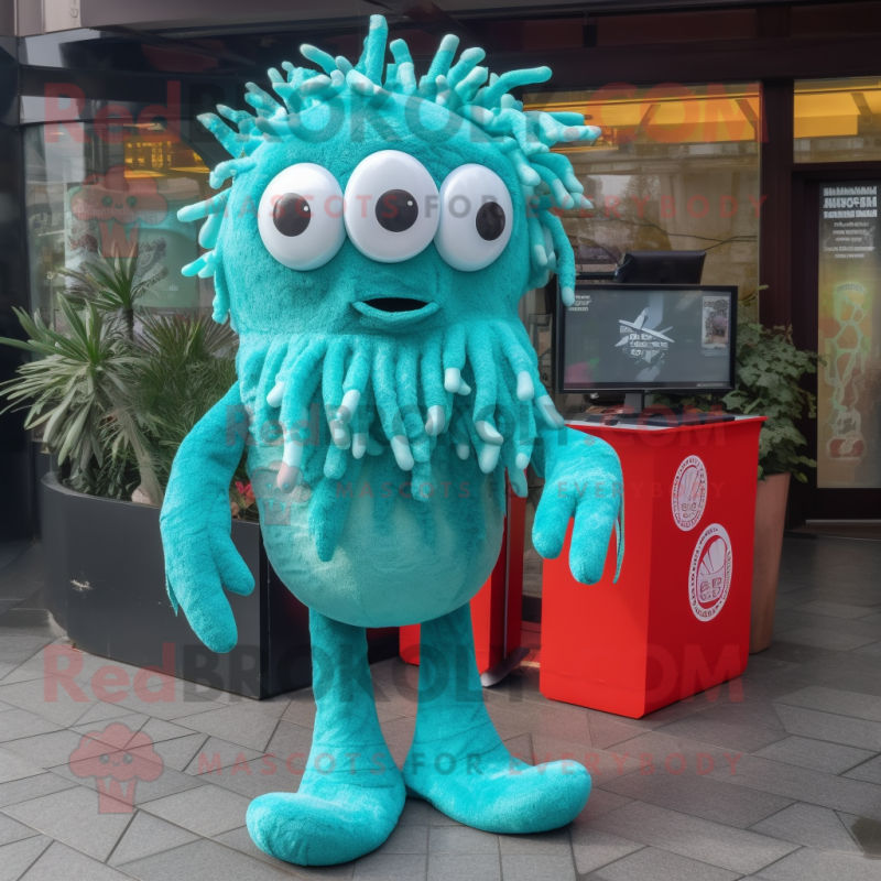 Turquoise Fried Calamari mascot costume character dressed with a Leggings and Earrings