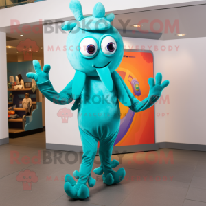 Turquoise Fried Calamari mascot costume character dressed with a Leggings and Earrings