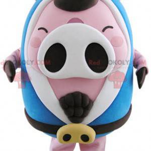 Plump pink and white pig mascot with a blue bathrobe -