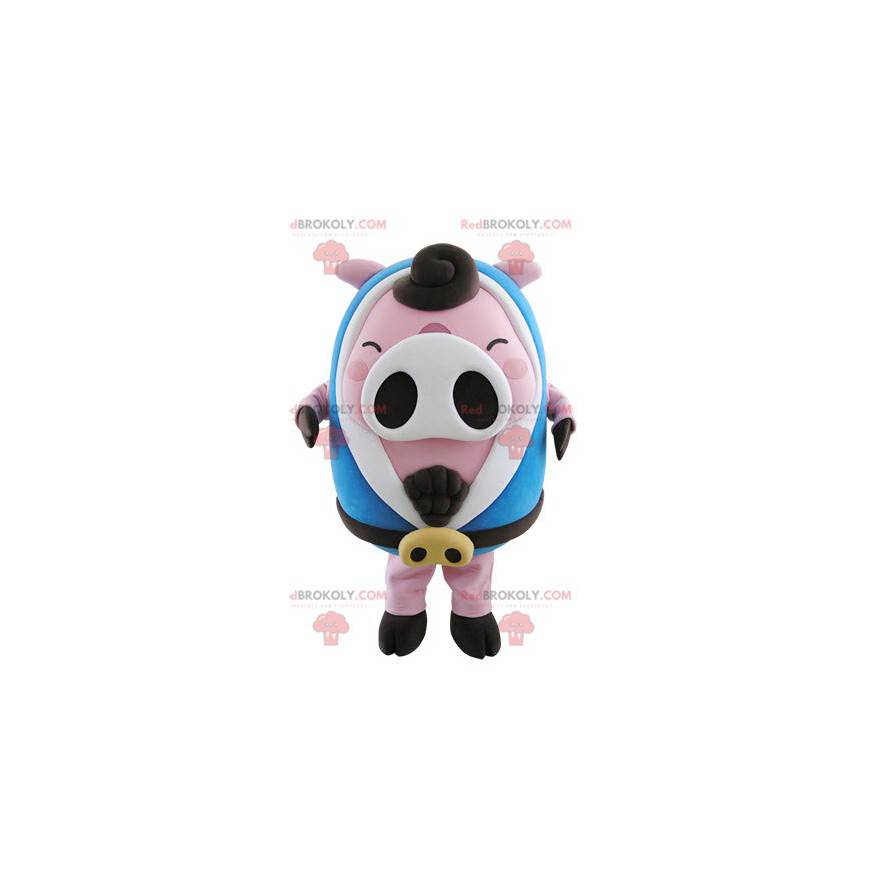 Mascote porco rechonchudo rosa e branco com roupão azul -