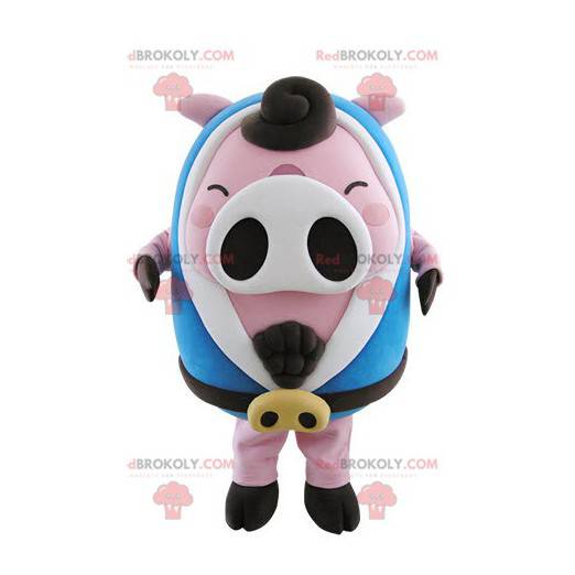 Plump pink and white pig mascot with a blue bathrobe -
