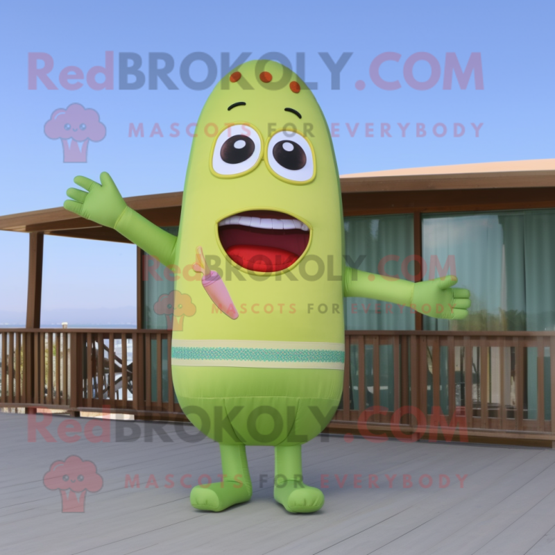 Olive Hot Dog mascot costume character dressed with a Bikini and Keychains Olive Hot Dog mascot costume character dressed with a Bikini and Keychains