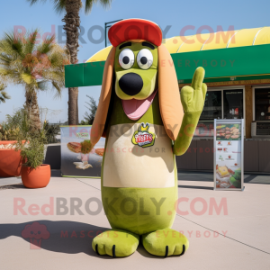 Olive Hot Dog mascot costume character dressed with a Bikini and Keychains