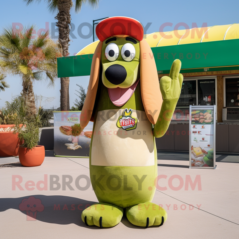 Olive Hot Dog mascot costume character dressed with a Bikini and Keychains Olive Hot Dog mascot costume character dressed with a Bikini and Keychains