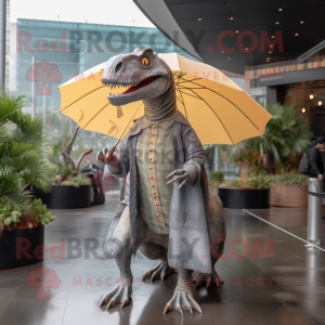 Gray Spinosaurus mascot costume character dressed with a Raincoat and Shawls