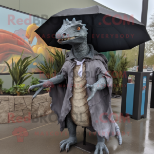 Gray Spinosaurus mascot costume character dressed with a Raincoat and Shawls