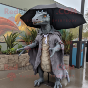 Gray Spinosaurus mascot costume character dressed with a Raincoat and Shawls