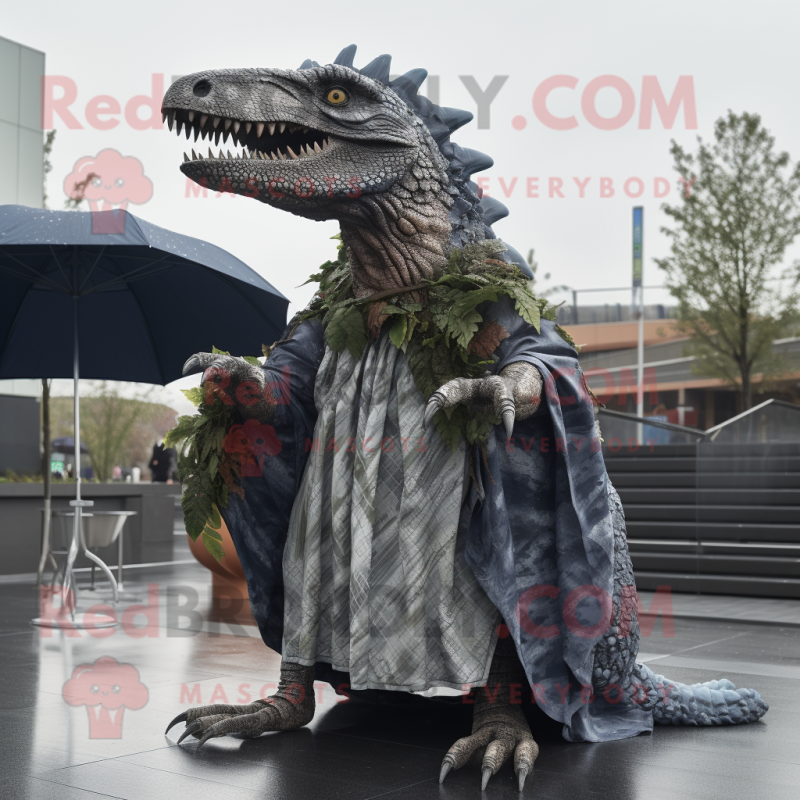 Gray Spinosaurus mascot costume character dressed with a Raincoat and Shawls Gray Spinosaurus mascot costume character dressed with a Raincoat and Shawls