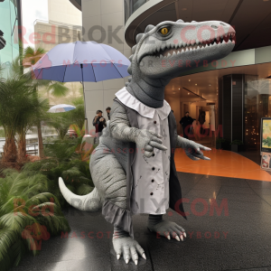 Gray Spinosaurus mascot costume character dressed with a Raincoat and Shawls