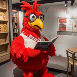 Red Rooster mascot costume character dressed with a Romper and Reading glasses