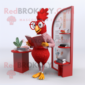 Red Rooster mascot costume character dressed with a Romper and Reading glasses