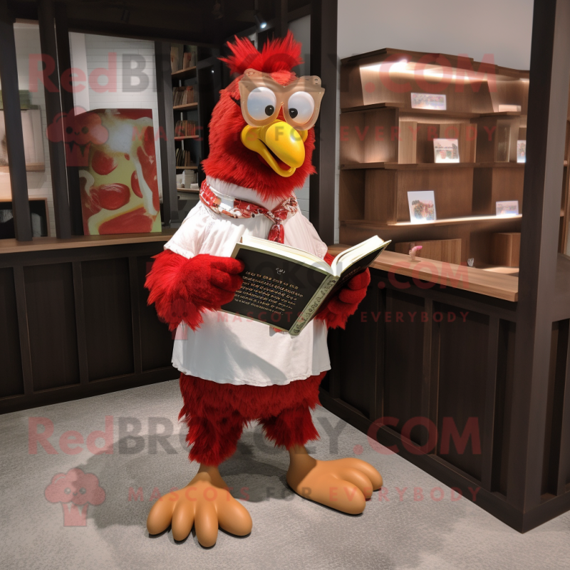 Red Rooster mascot costume character dressed with a Romper and Reading glasses Red Rooster mascot costume character dressed with a Romper and Reading glasses