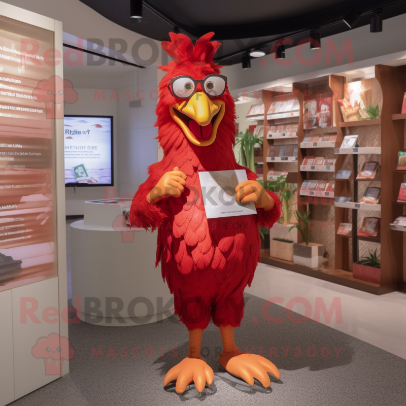 Red Rooster mascot costume character dressed with a Romper and Reading glasses