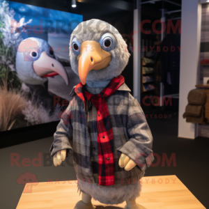 Silver Guinea Fowl mascot costume character dressed with a Flannel Shirt and Beanies